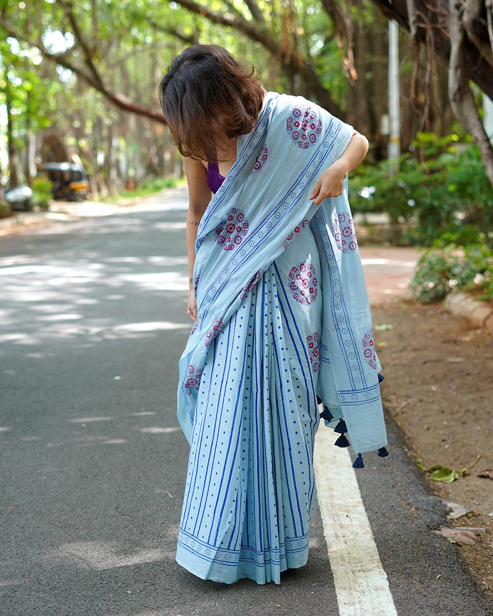 Blueberry Cream Sky Blue Handblock Print Cotton Saree - PBC