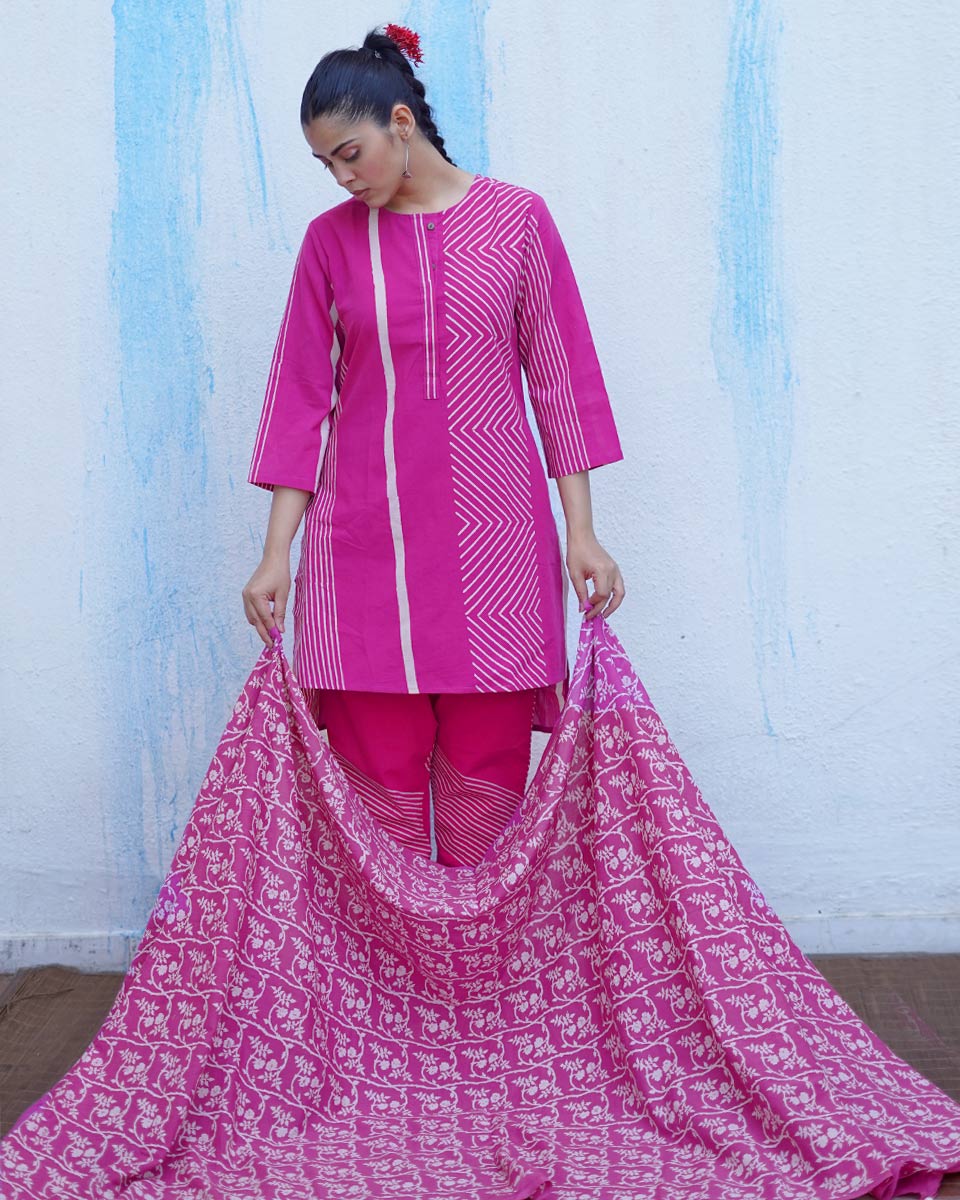 Mayuri Pink Handblock Print Cotton Dupatta - BFG