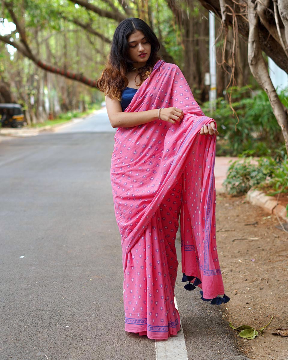 Rose Rabdi Pink Handblock Print Cotton Saree - PBC