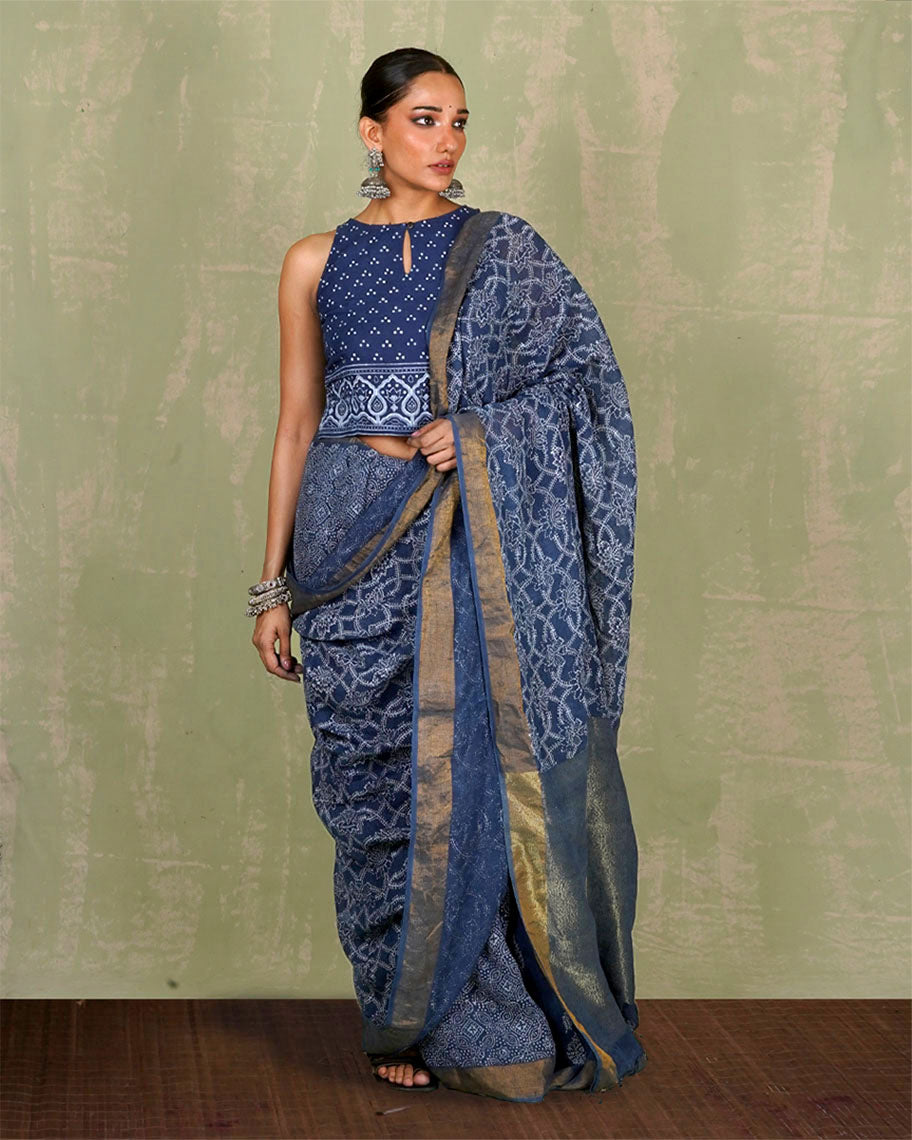 Malavi Blue Handblock Print Linen Saree - INDI