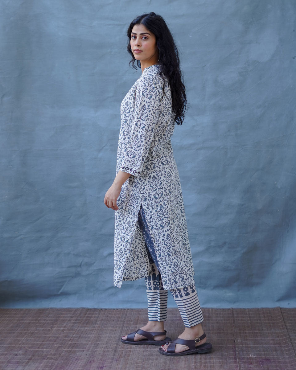 Monsoon Sea Grey Block Printed Cotton Kurti - BMS