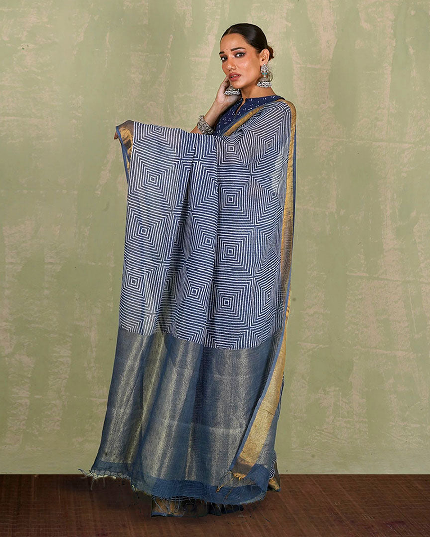 Sarang Blue Handblock Print Linen Saree - INDI