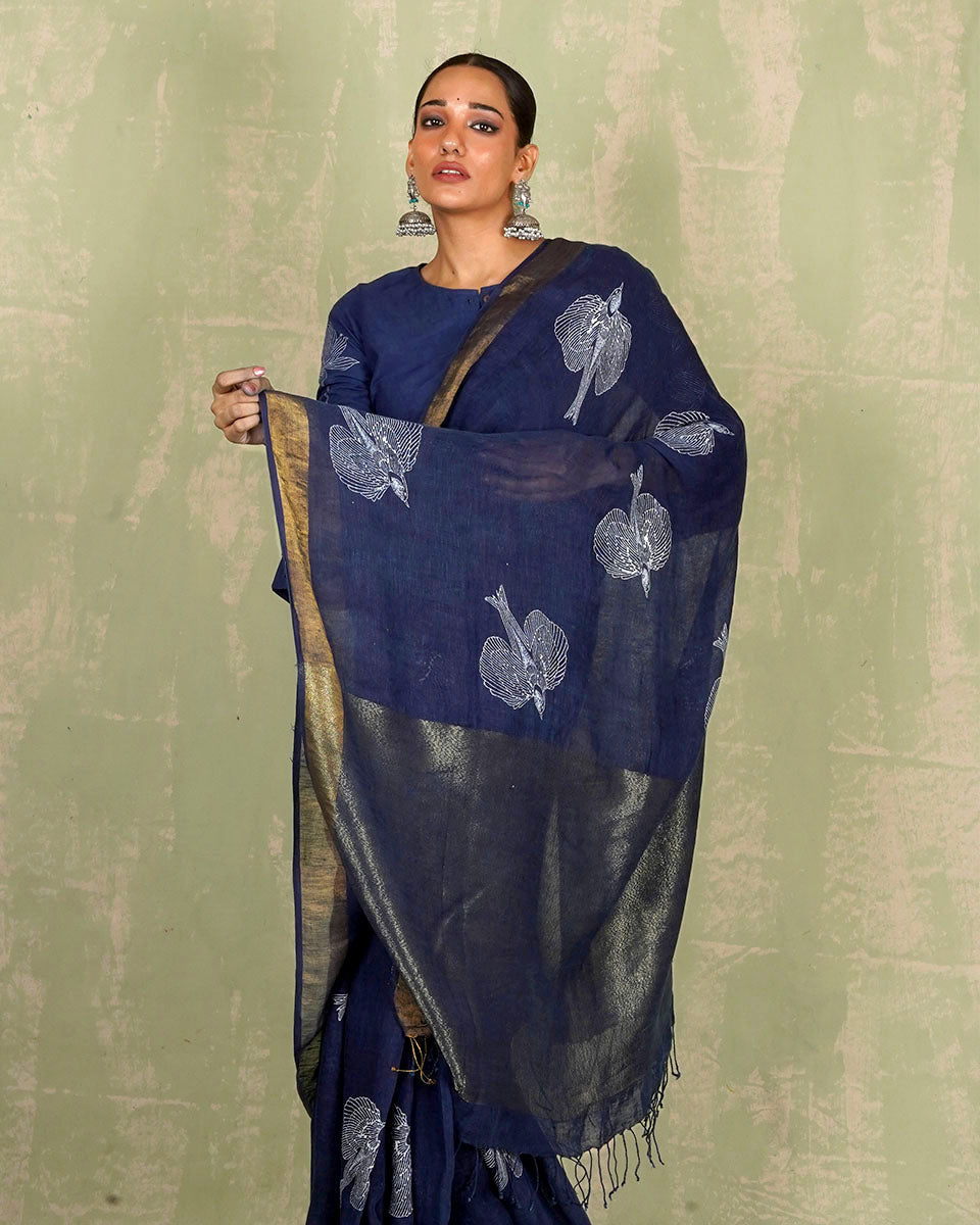 Rasiya Blue Handblock Print Linen Saree - INDI