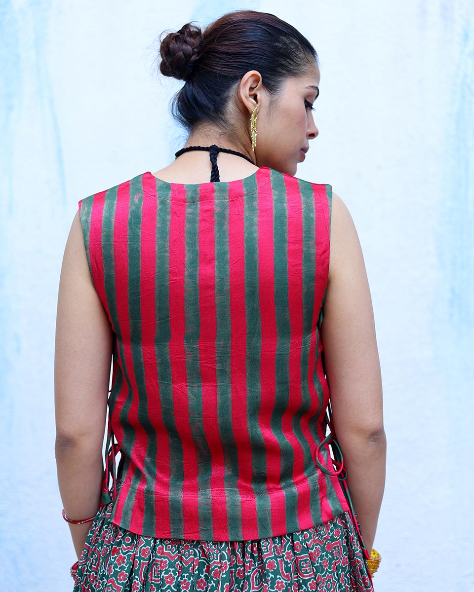 Ujvala Red With Green Handblock Print Mashru Silk Blouse - RSH