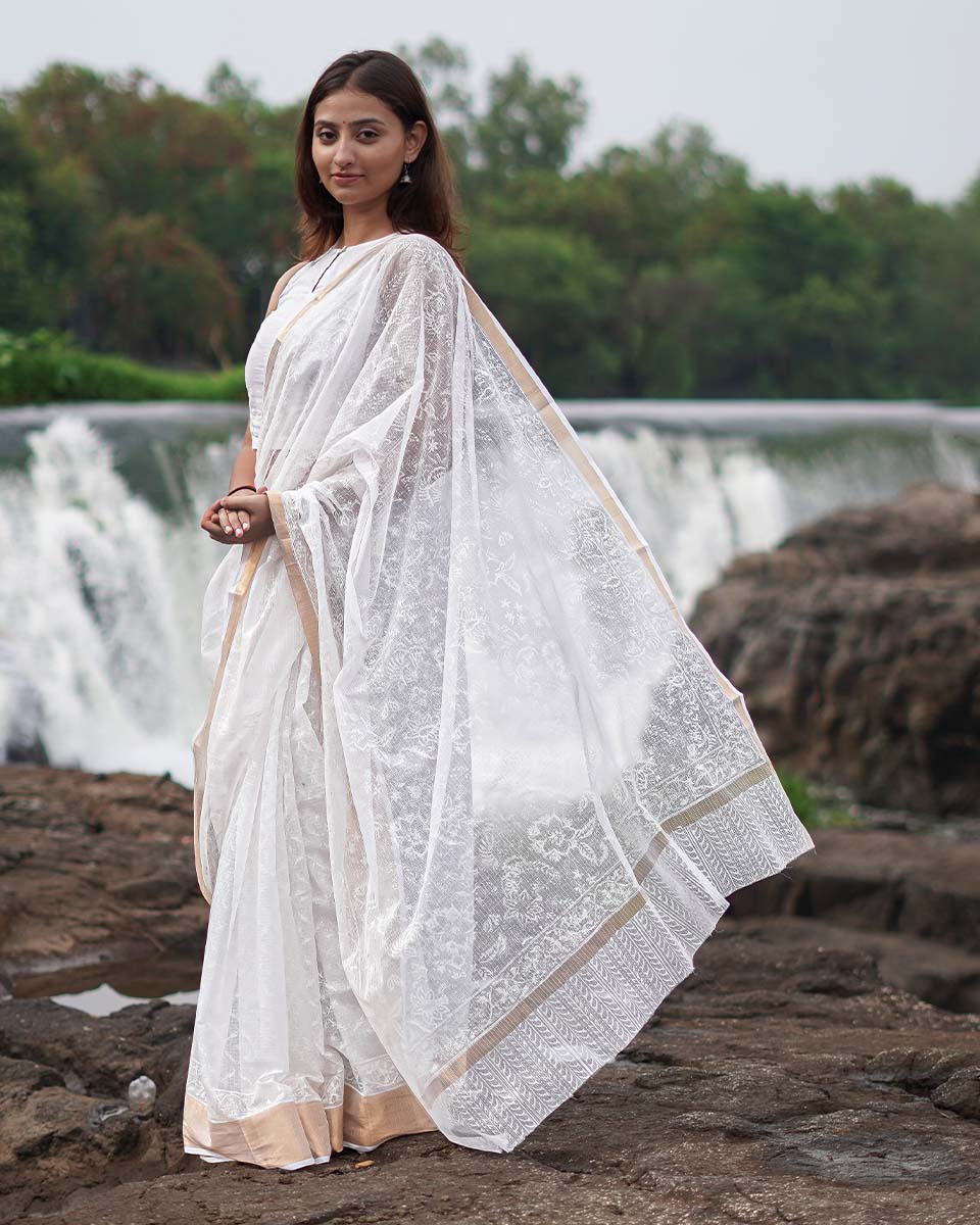 Dewbone Kota Doria Ivory Block Printed Saree - SFD