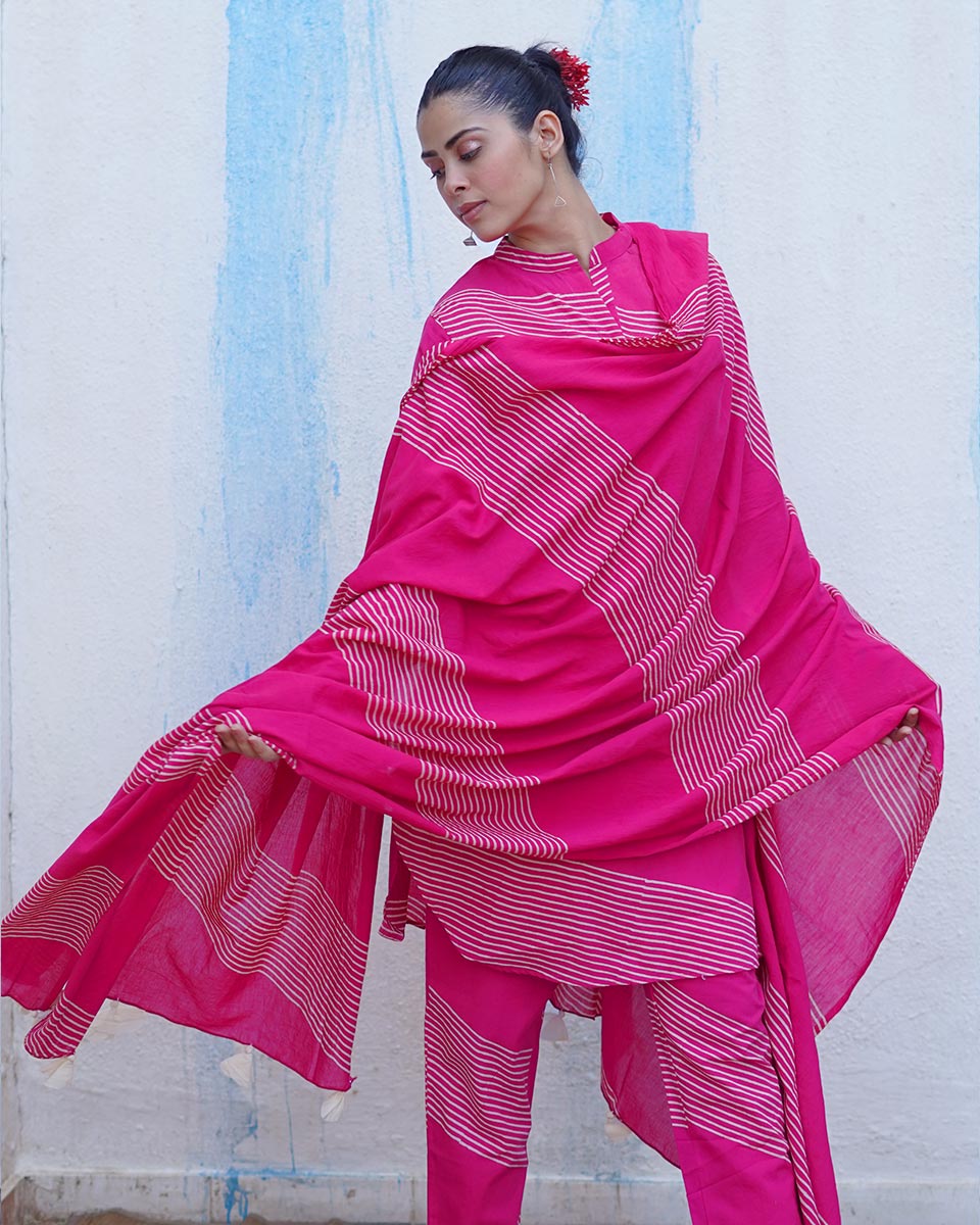 Gunguni Pink Handblock Print Cotton Dupatta - BFG