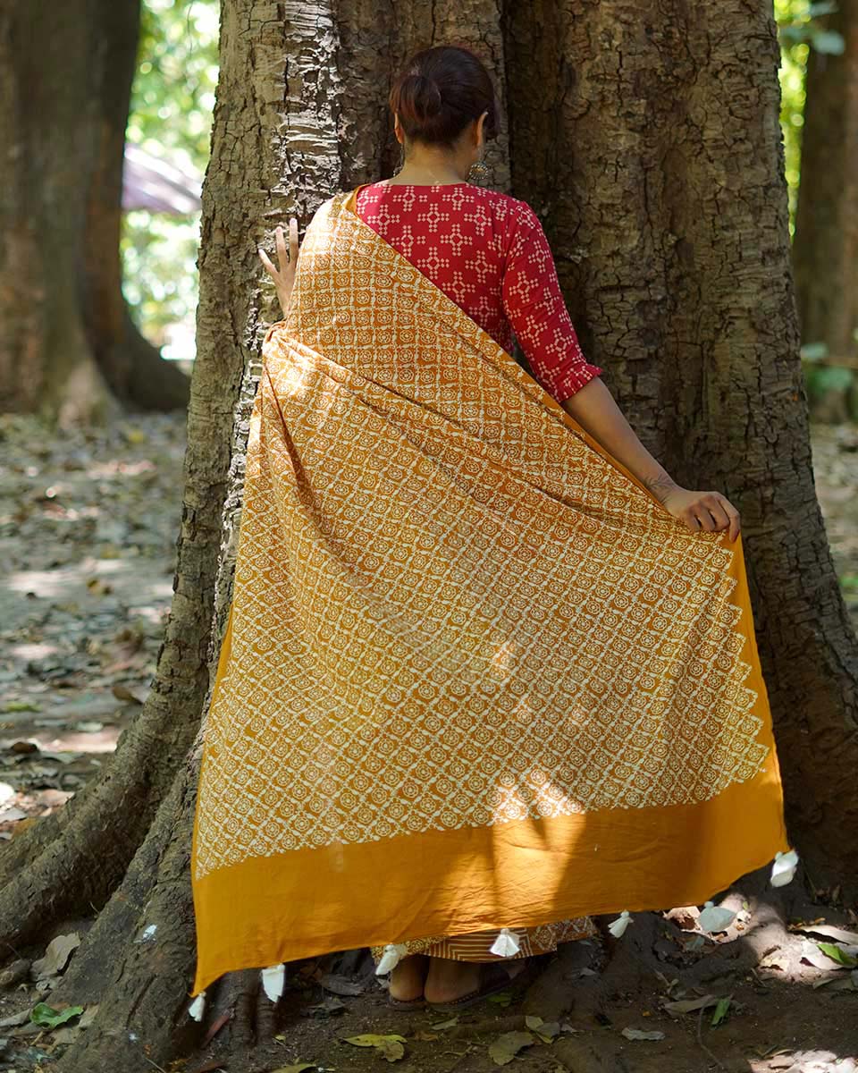 Under Open Skies Mustard Hand Block Printed Cotton Saree - UMT