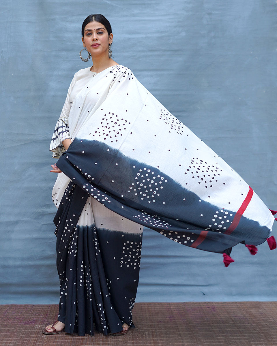 Colourblind Black & White Handblock Print Cotton Saree - M&M