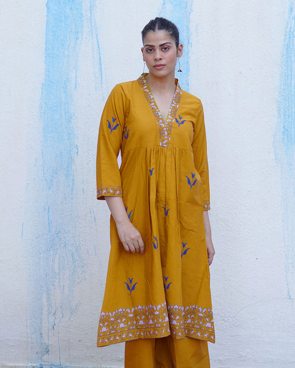 Rangeeli Mustard Yellow Handblock Print Cotton Kurta Set - BFG