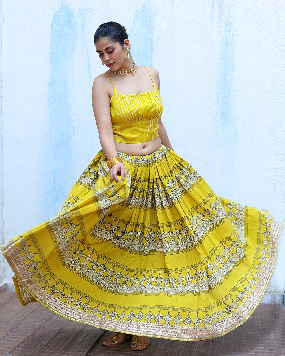 Ushashi Yellow Handblock Print Cotton Ghagra - RSH