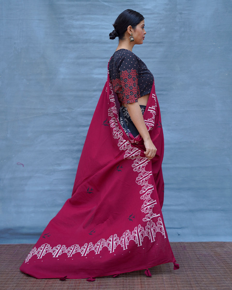 Damini Maroon With Black Handblock Printed Cotton Saree - Soil