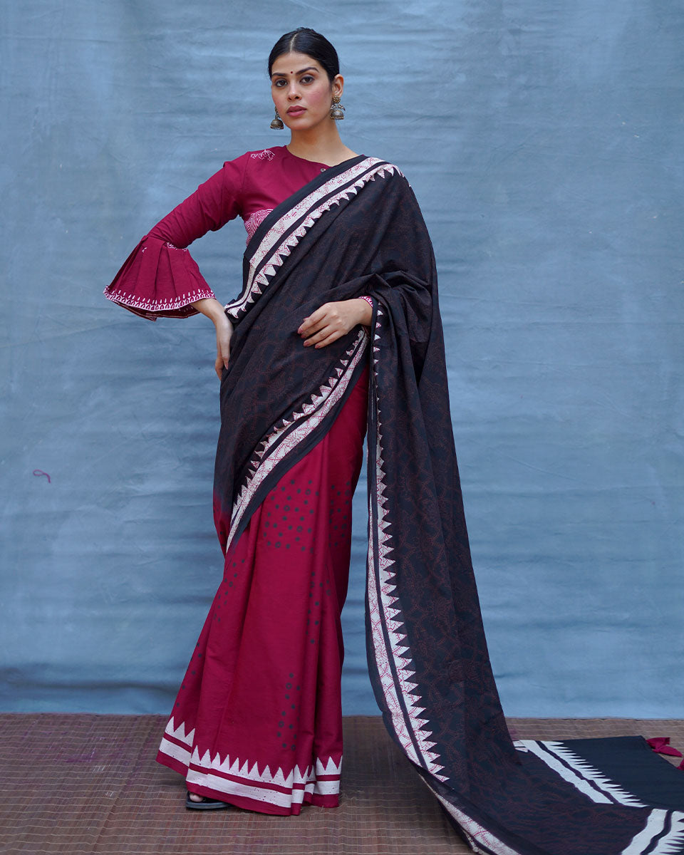 Mrinmoyee Maroon With Black Handblock Printed Cotton Saree - Soil