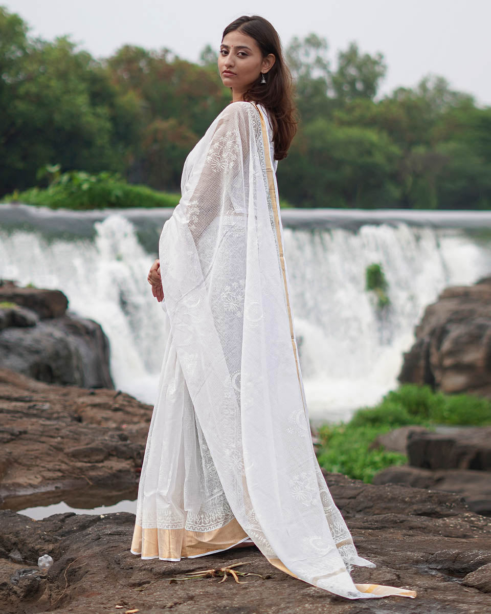 Milk Glass Kota Doria Ivory Block Printed Saree - SFD