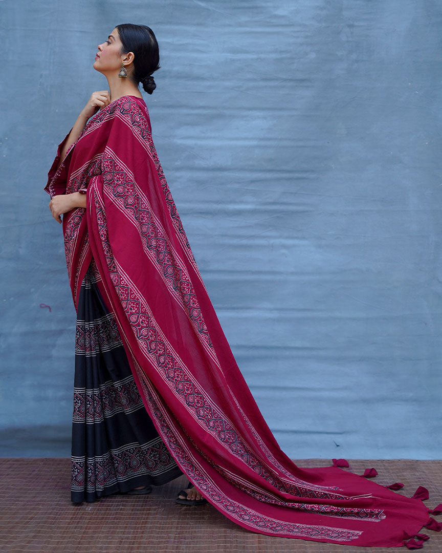 Labanya Maroon Handblock Printed Cotton Saree - Soil
