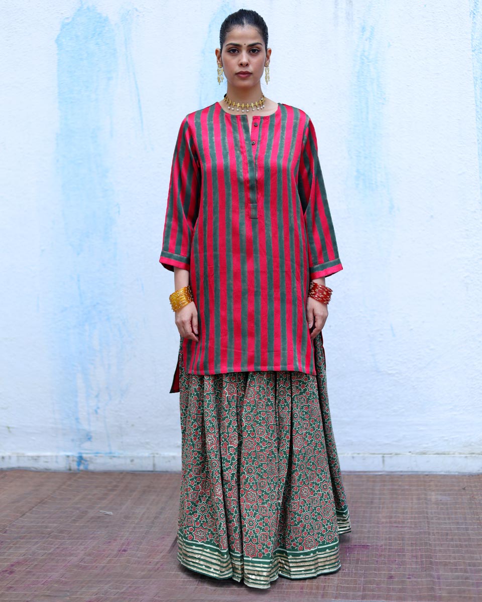 Kaumudi Red Handblock Print Mashru Silk Kurta - RSH