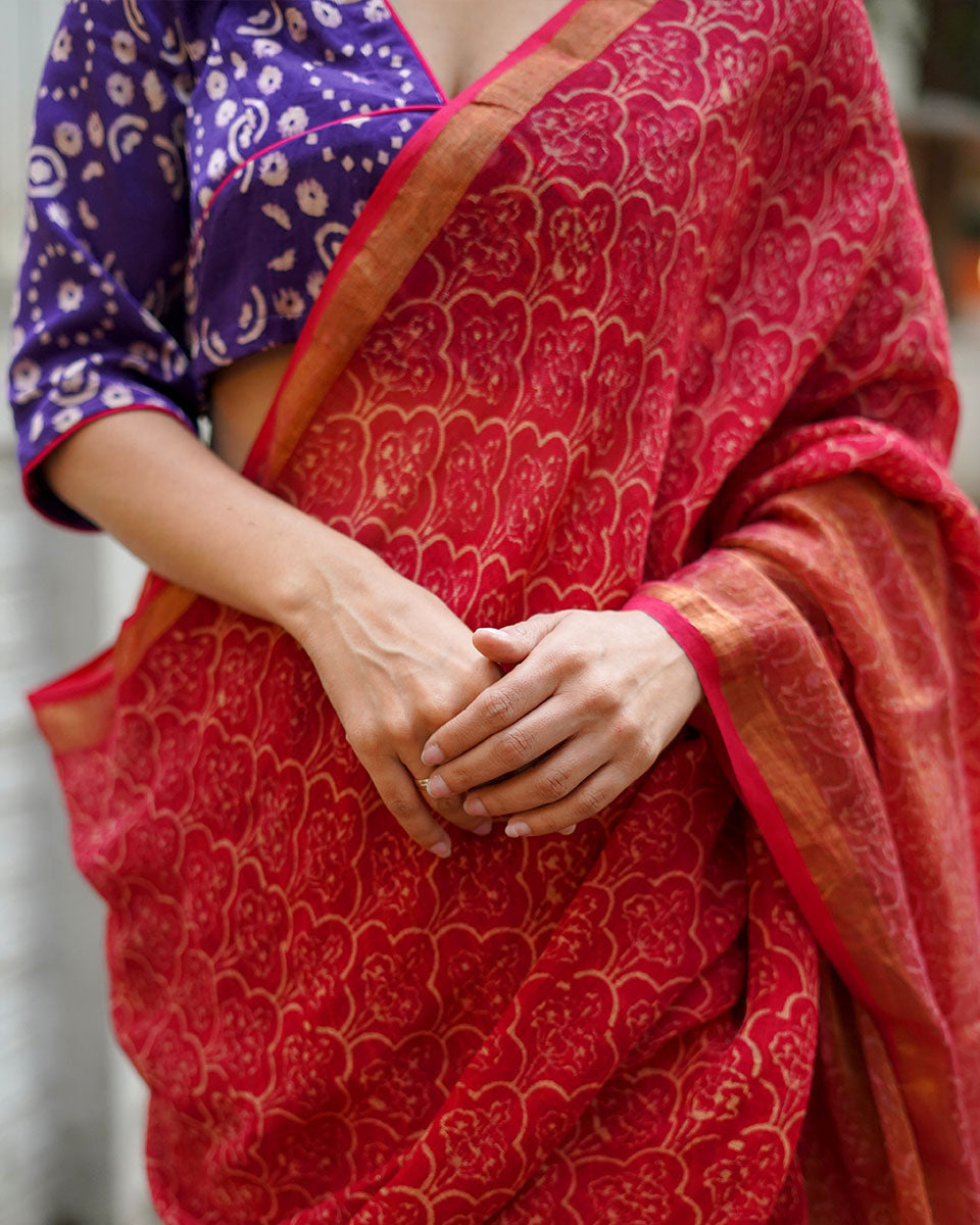 Ananya Red Handblock Printed Linen Saree - Anant