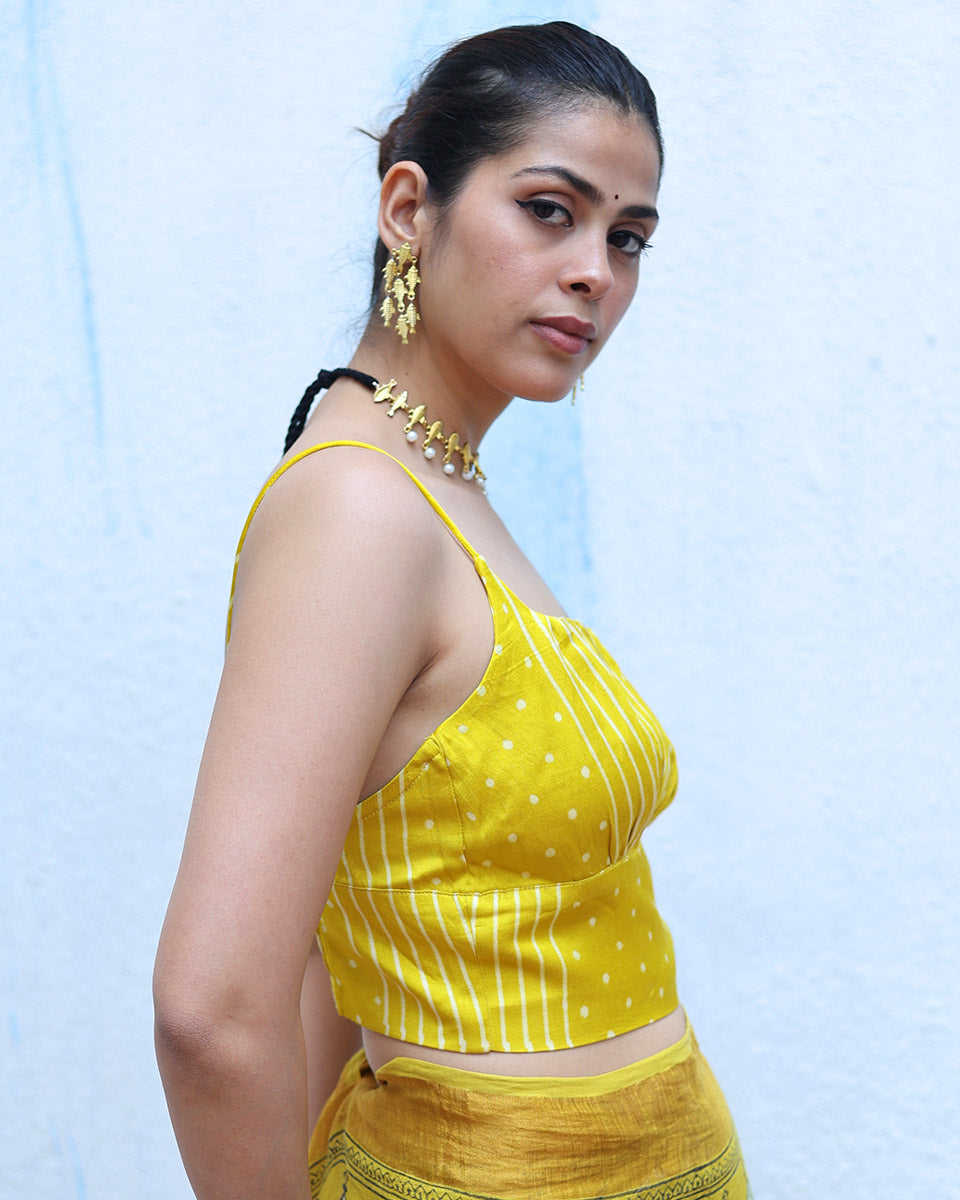Noor Yellow Handblock Print Mashru Silk Top - RSH