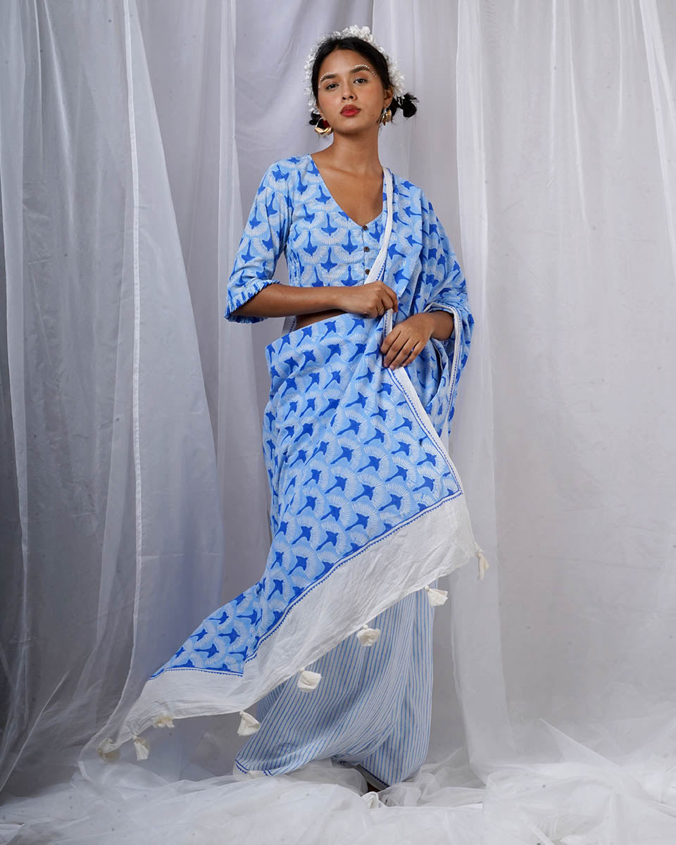Maya Blue Hand Block Printed Saree-BAD