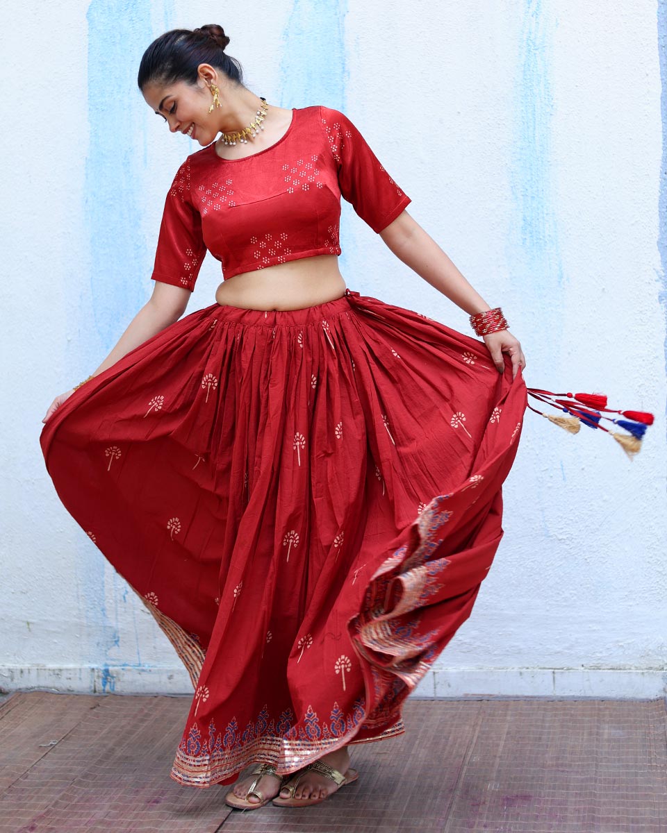 Jyotsna Red Handblock Print Cotton Ghagra - RSH