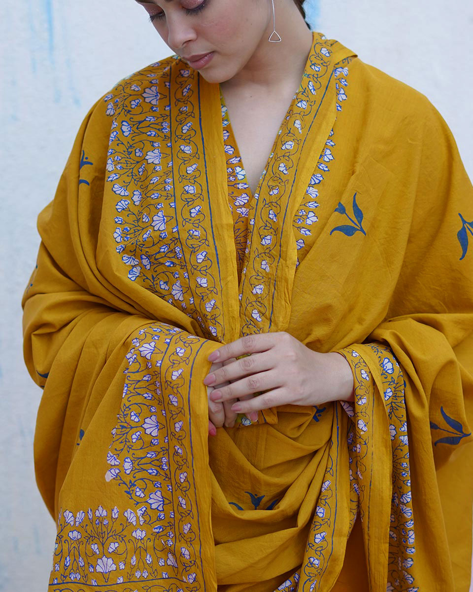 Udti-Phirti Mustard Yellow Handblock Print Cotton Dupatta - BFG
