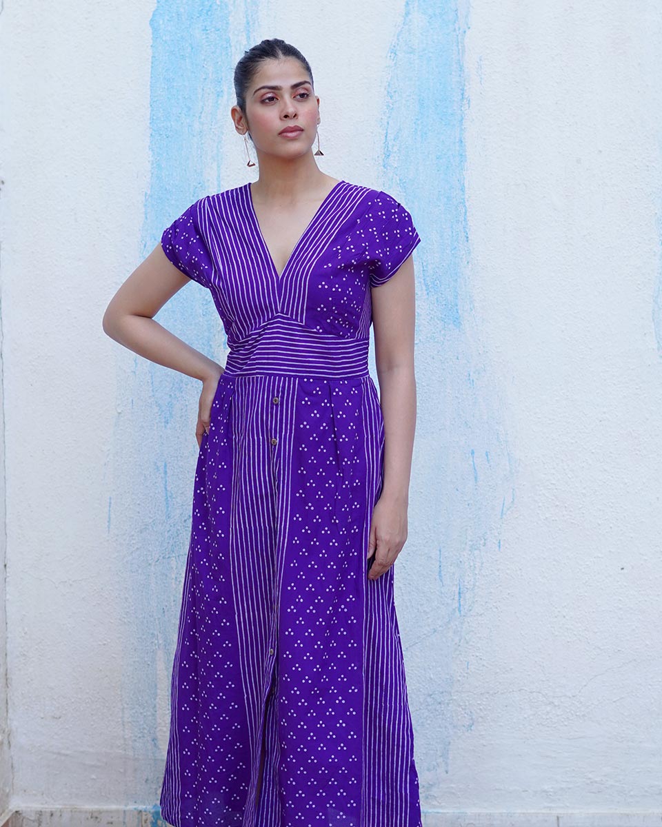 Lahari Purple Handblock Print Cotton Dress - BFG
