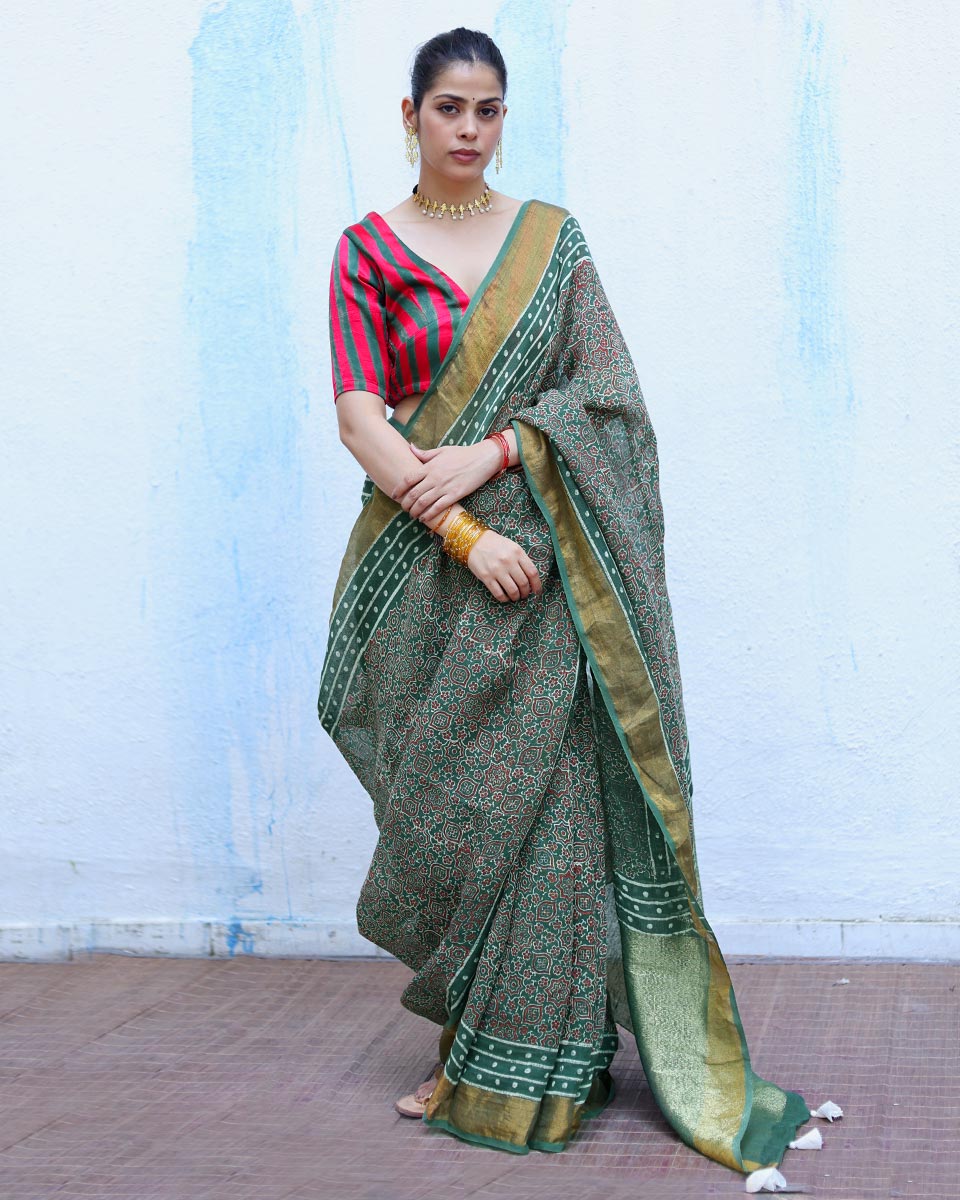 Deepti Green Handblock Print Linen Saree - RSH