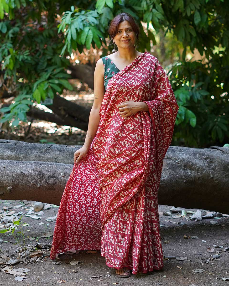 Summer At Nani’s Rust Red Hand Block Printed Cotton Saree - UMT