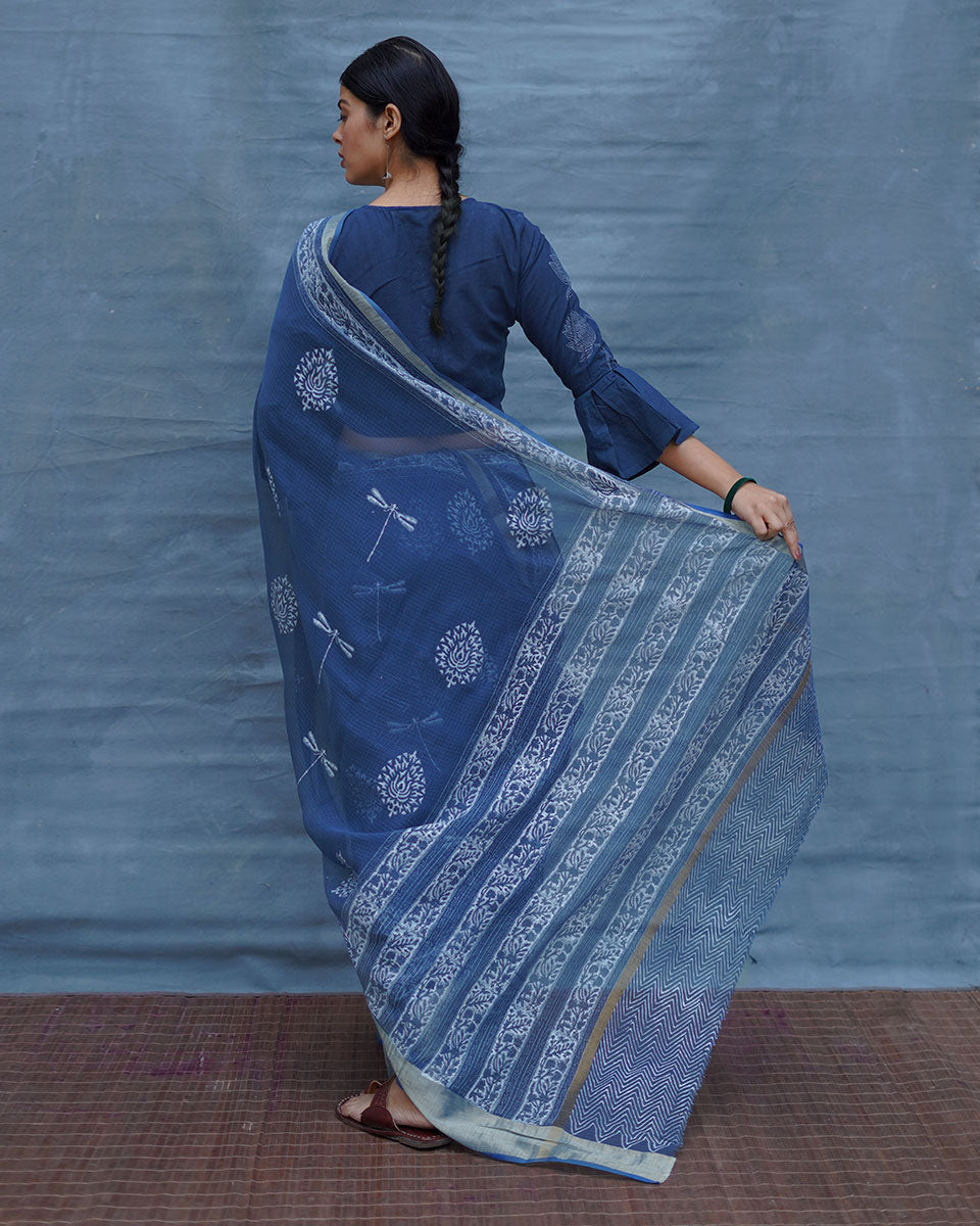 Indigo Shore Blue Block Printed Kota Doria Saree - INDI