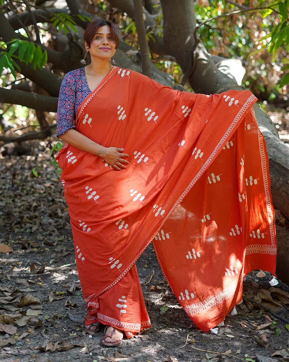 Sunlit Afternoons Orange Hand Block Printed Cotton Saree - UMT
