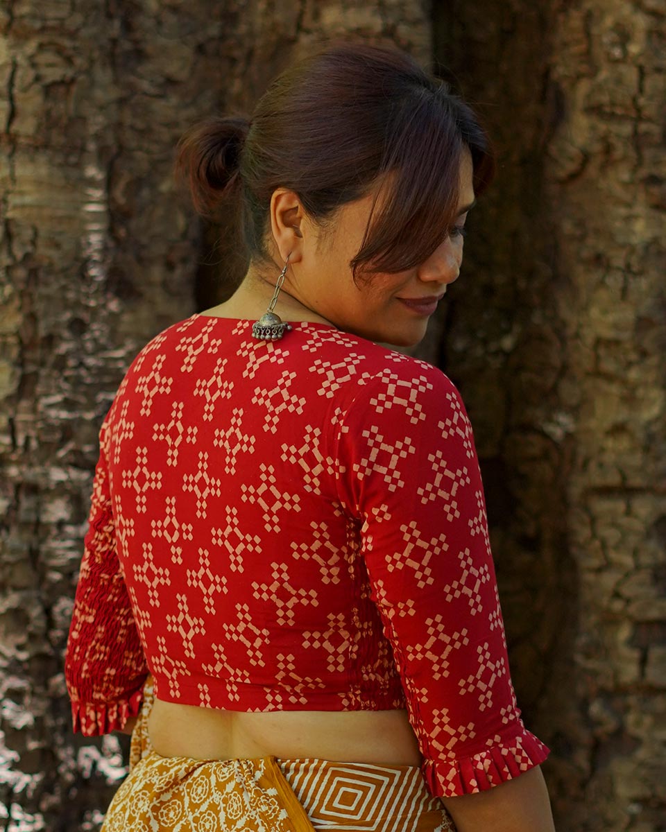 Gulkand Candies Rust Red Hand Block Printed Cotton Blouse - UMT