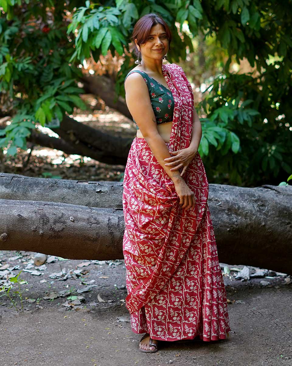 Summer At Nani’s Rust Red Hand Block Printed Cotton Saree - UMT