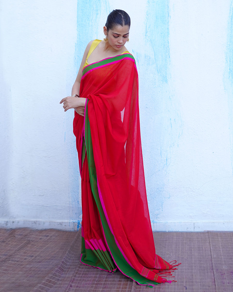 Eos Red With Green Handwoven Cotton Saree - NTC