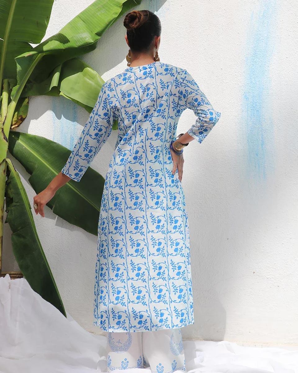 Rohini White With Blue Handblock Print Cotton Kurta - WITC