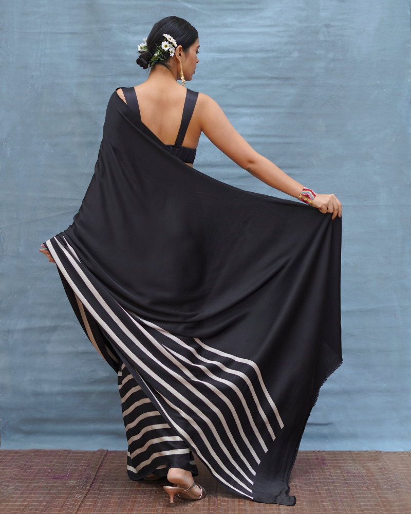 Airy Fold Black Handblock Print Modal Silk Saree - Flow