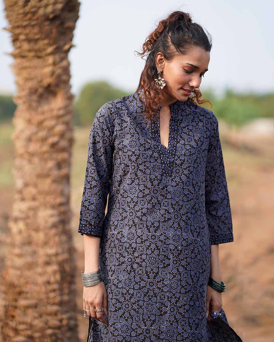 Silky Blooms Blockprinted Cotton Kurti-WWB
