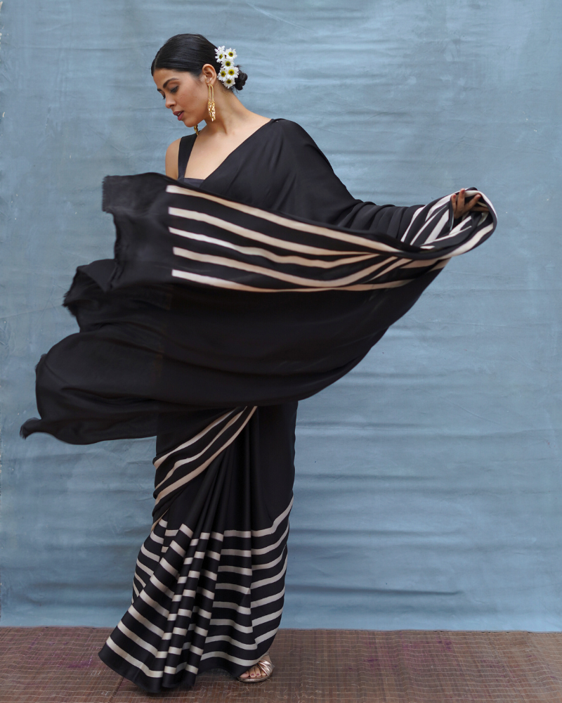 Airy Fold Black Handblock Print Modal Silk Saree - Flow