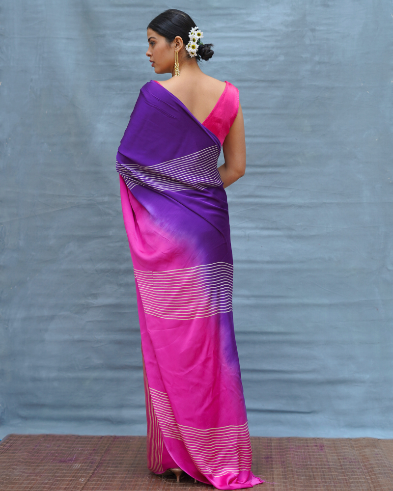 Loose Grace Pink With Purple Handblock Print Modal Silk Saree - Flow