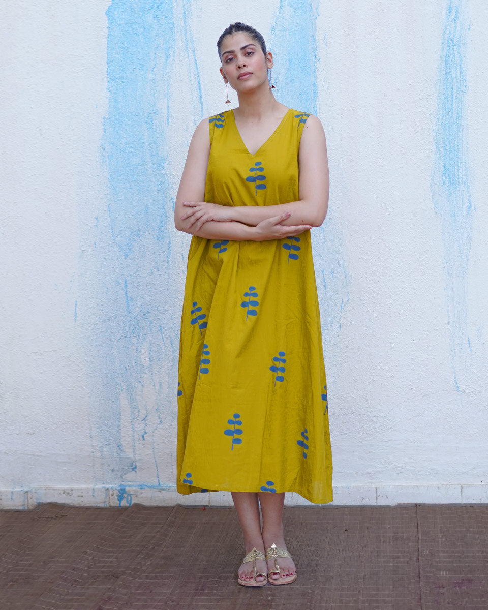 Natkhat Mustard Yellow Handblock Print Cotton Dress - BFG