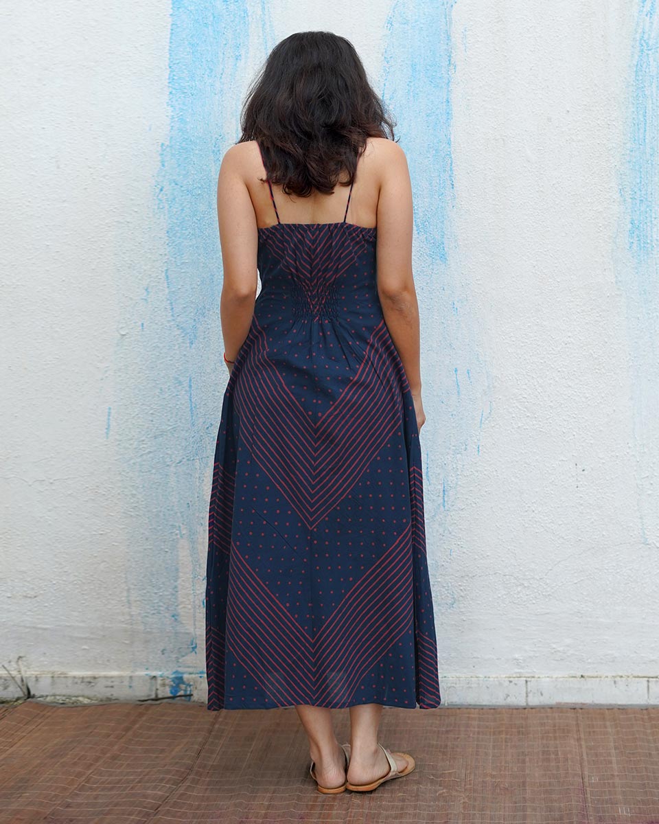 Wolf Moon Blue Handblock Print Cotton Dress - MNCH