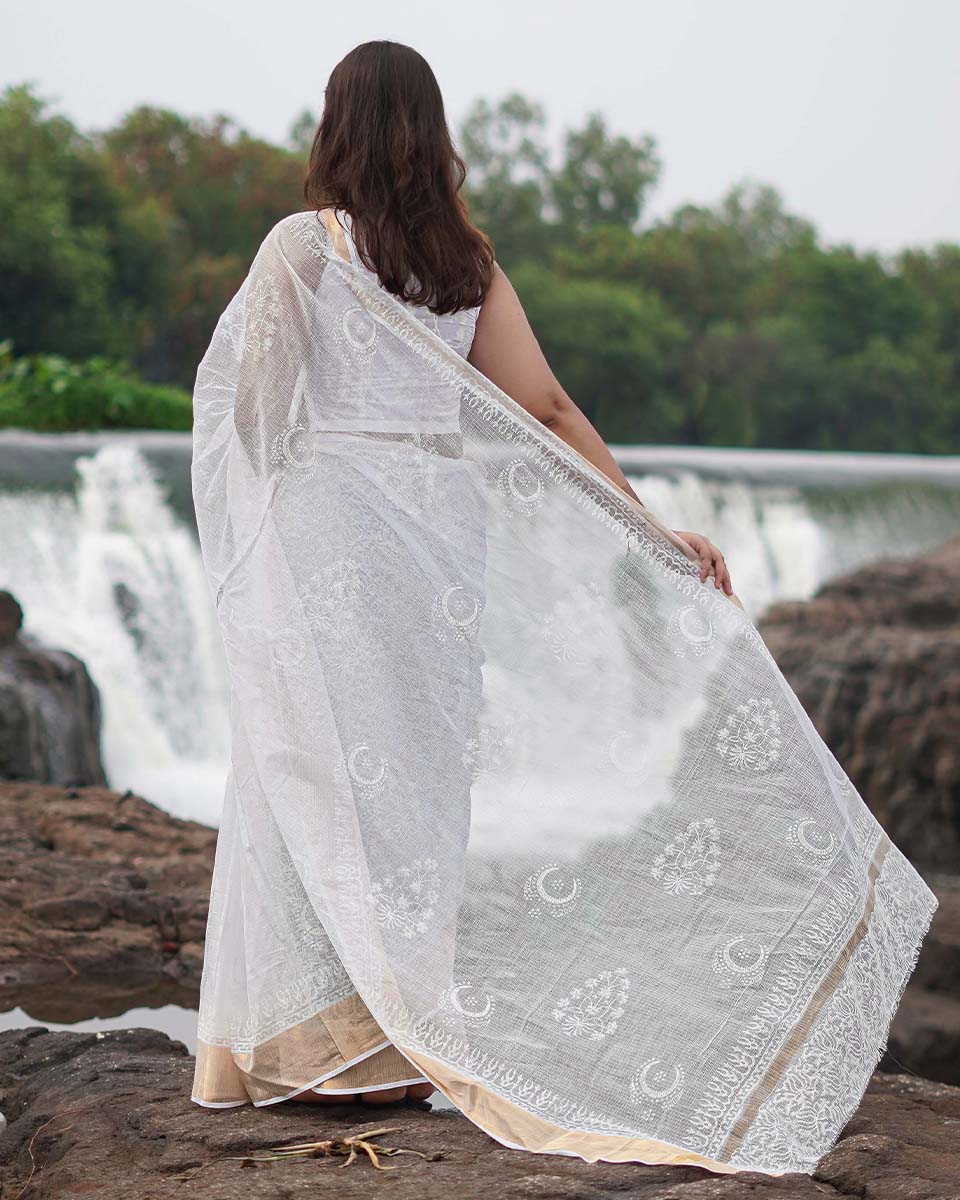 Milk Glass Kota Doria Ivory Block Printed Saree - SFD