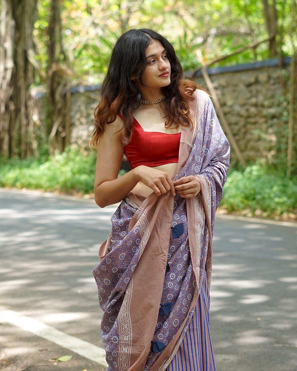 Lavendar Lolly Handblock Print Cotton Saree - PBC