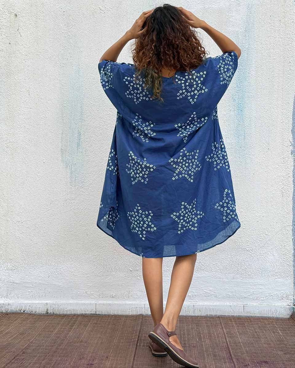 Blue Me Away Bandhej Cotton Dress - Freesize