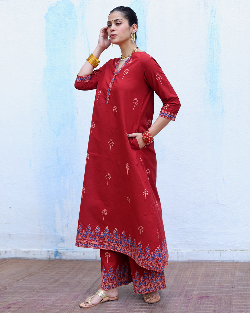 Anjuman Red Handblock Print Cotton Kurta Set - RSH