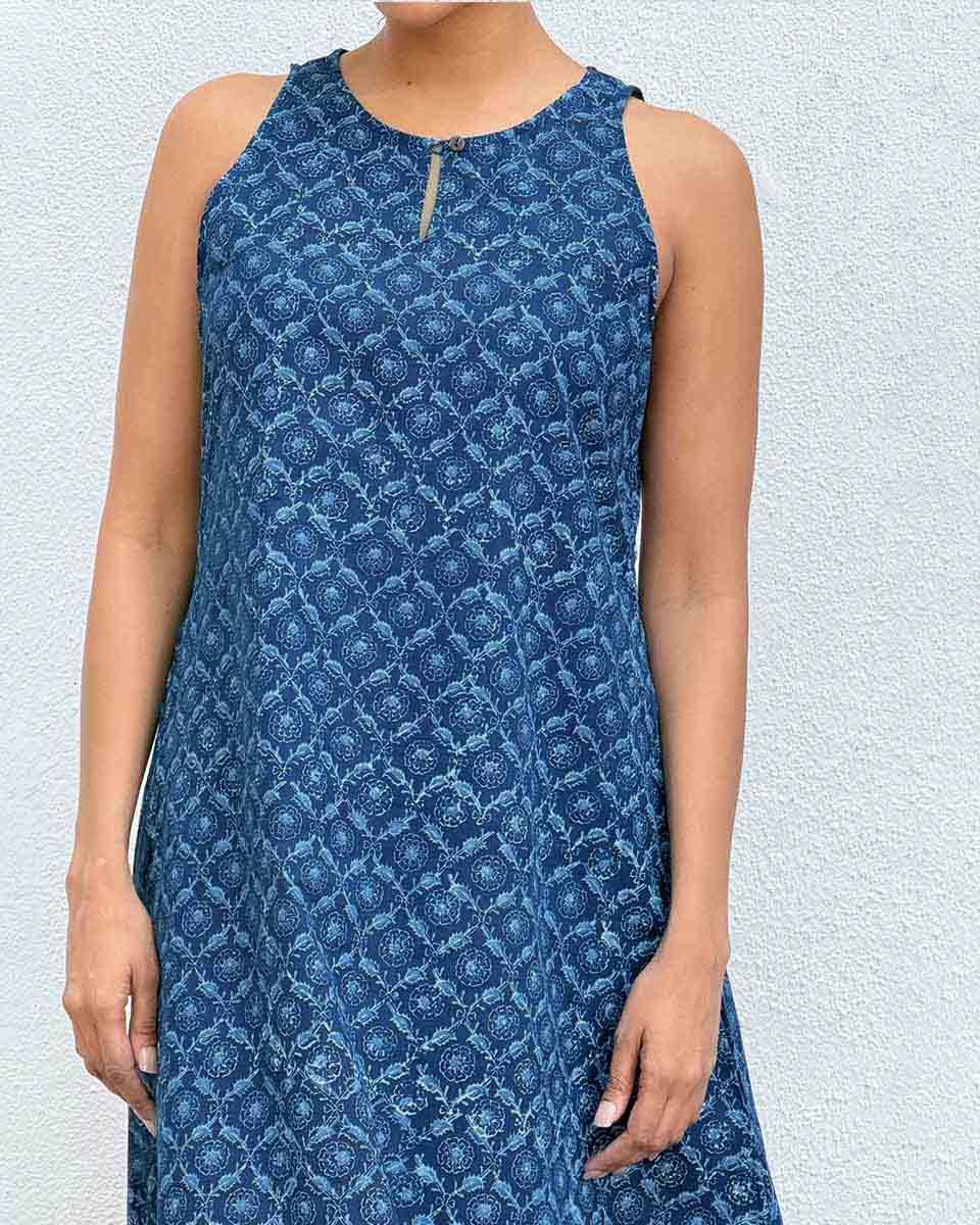 Butterfly Pea Blockprinted Cotton Dress