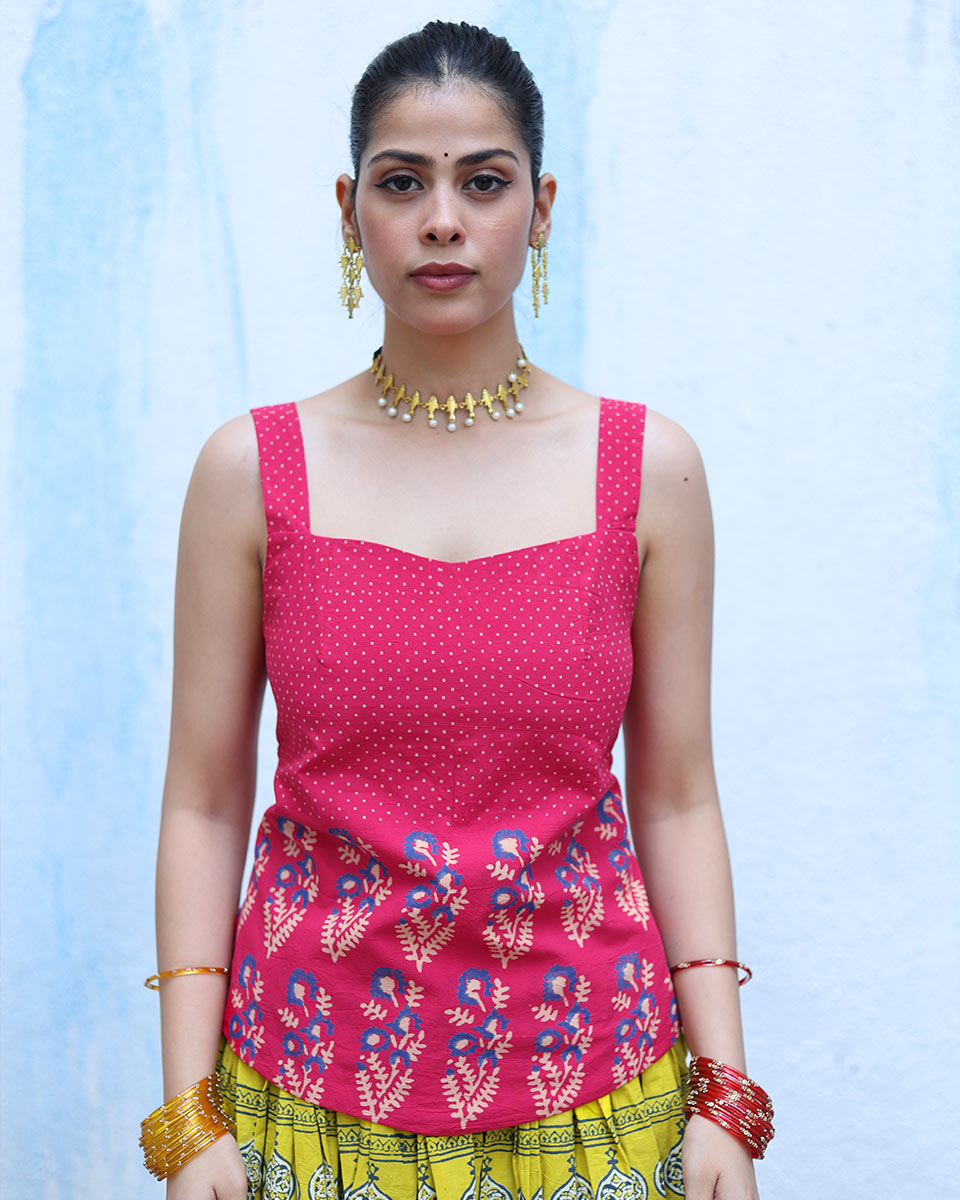 Aftabi Pink Handblock Print Cotton Top - RSH