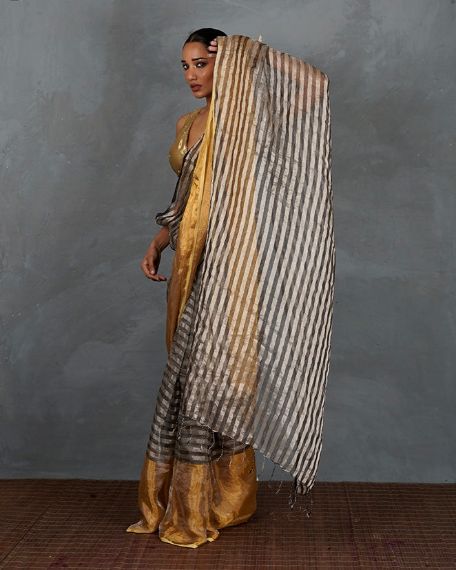 Burn Soft Silver With Black Strip Handwoven Linen Saree - TARA