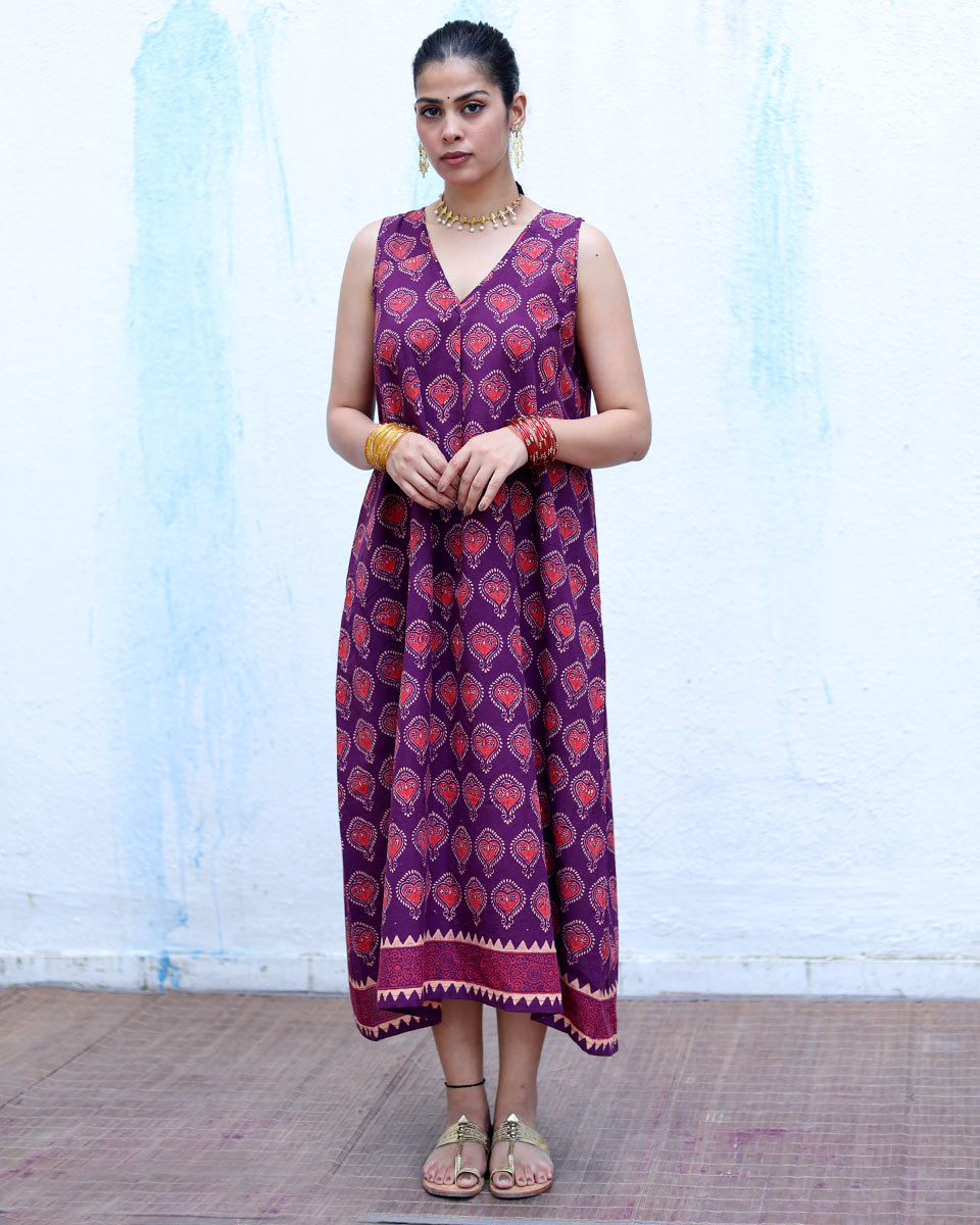 Jugnu Purple Handblock Print Cotton Dress - RSH