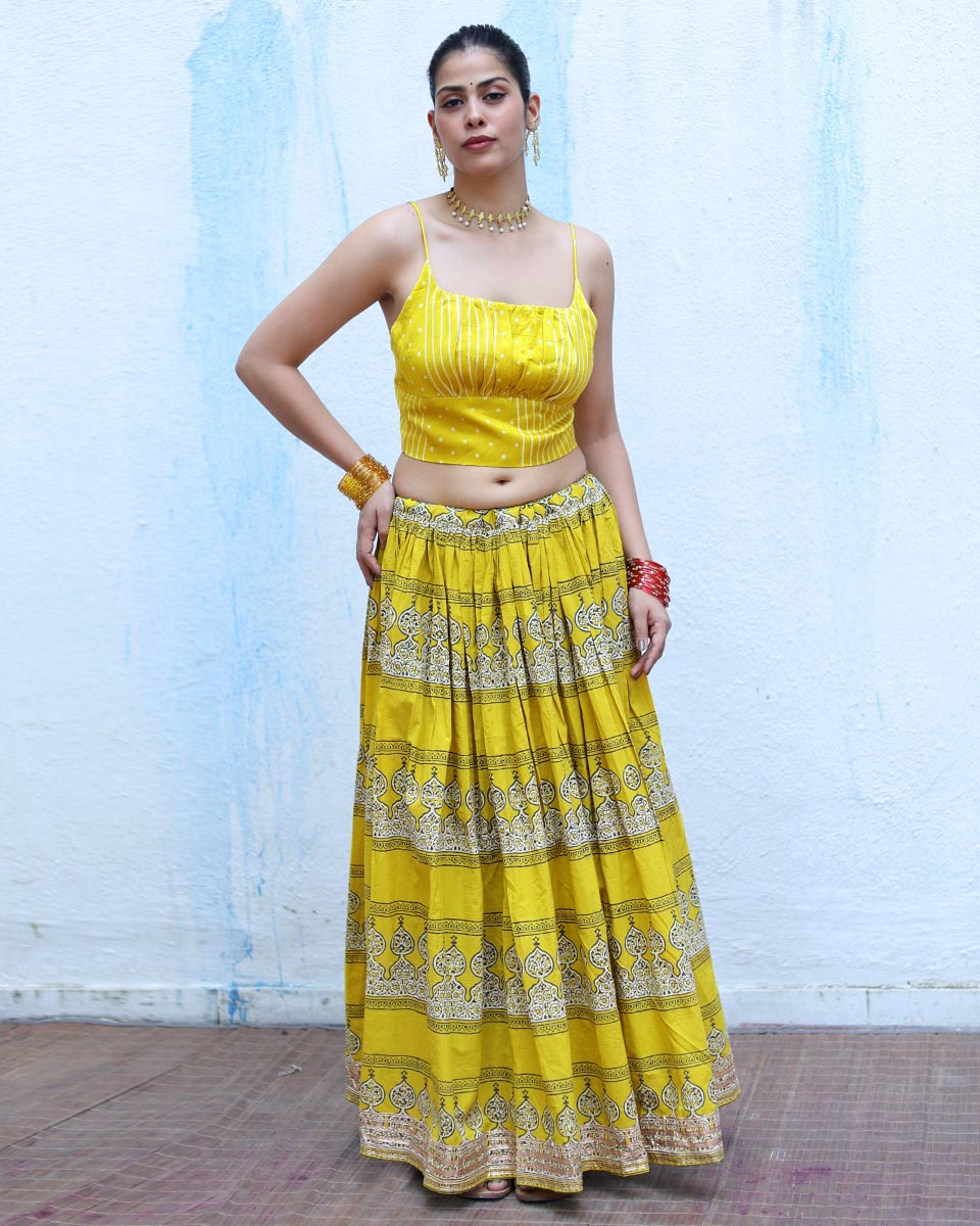 Ushashi Yellow Handblock Print Cotton Ghagra - RSH