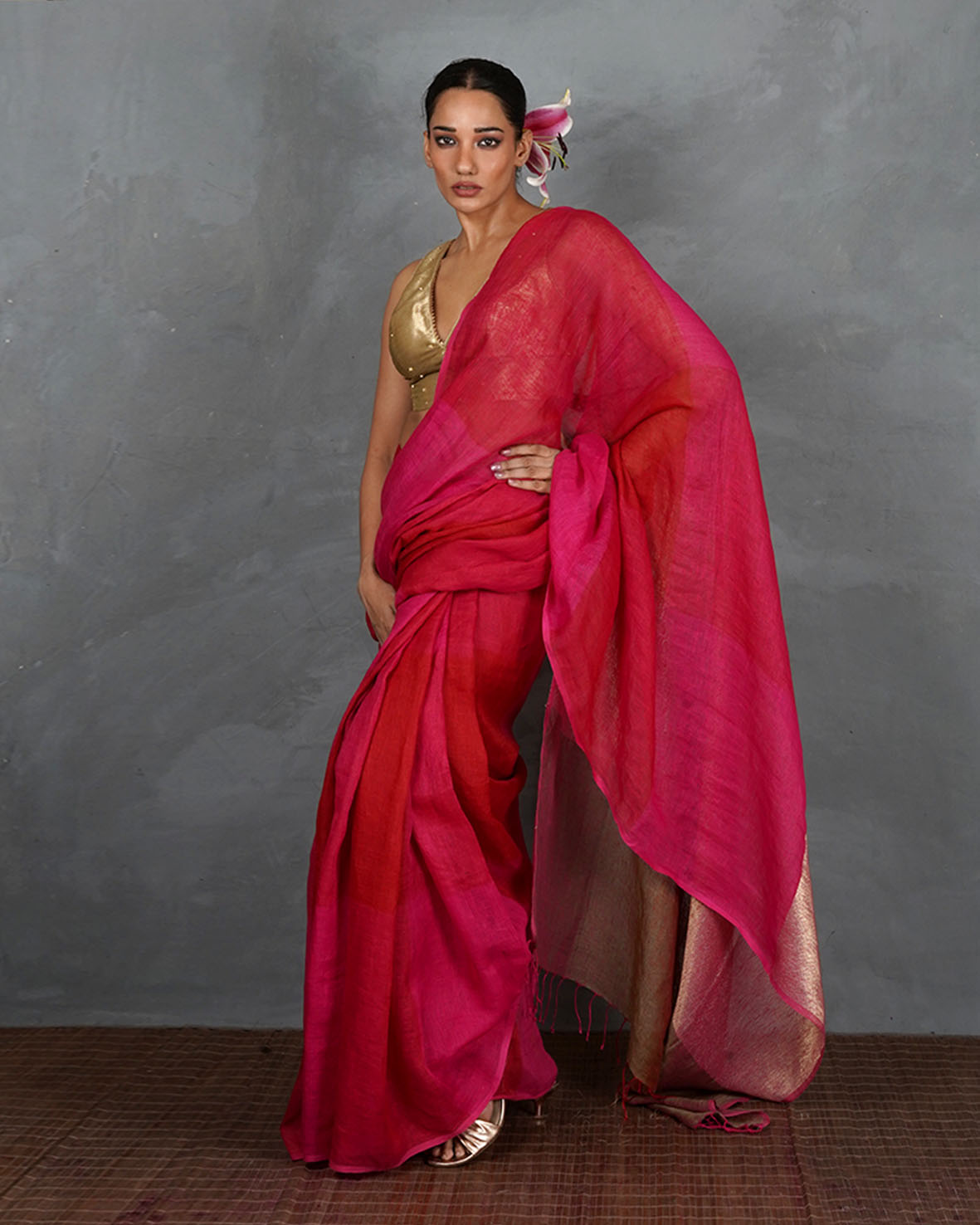 Inner Glow Red With Pink Handwoven Linen Saree - TARA