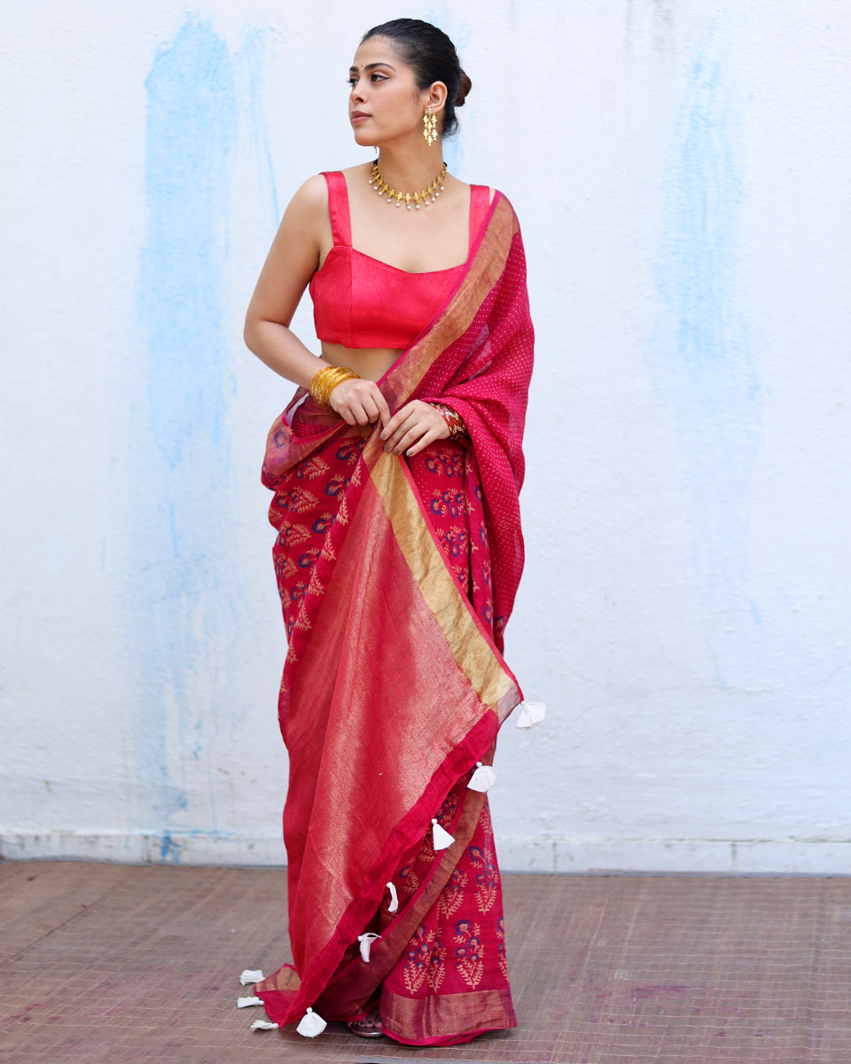 Mehr Pink Handblock Print Linen Saree - RSH